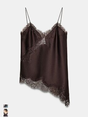 Zara Brown Lace-Trim Satin Camisole